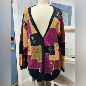 Vintage Handknit By Christina Floral‎ Block Cardigan